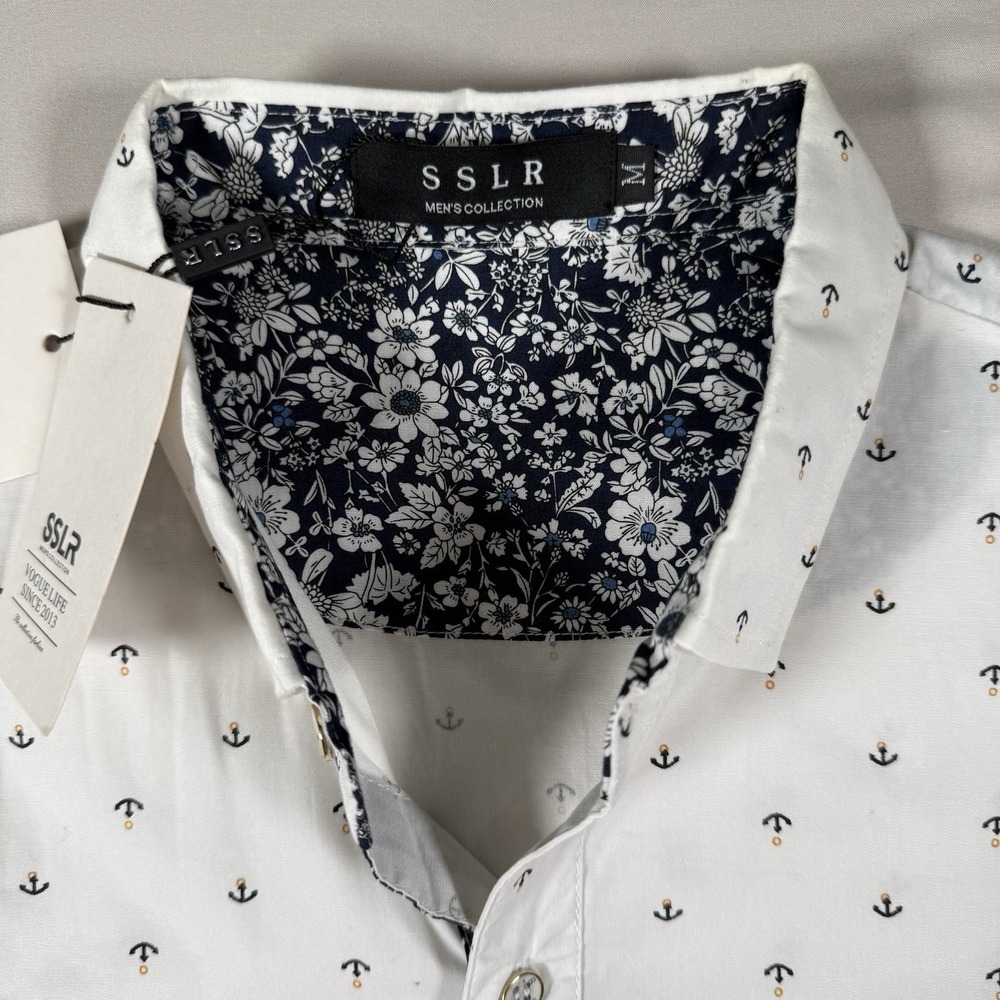 SSLR Mens‎ Anchor Print Short Sleeve Button Down Shirt White Medium NWT - Picture 5 of 12